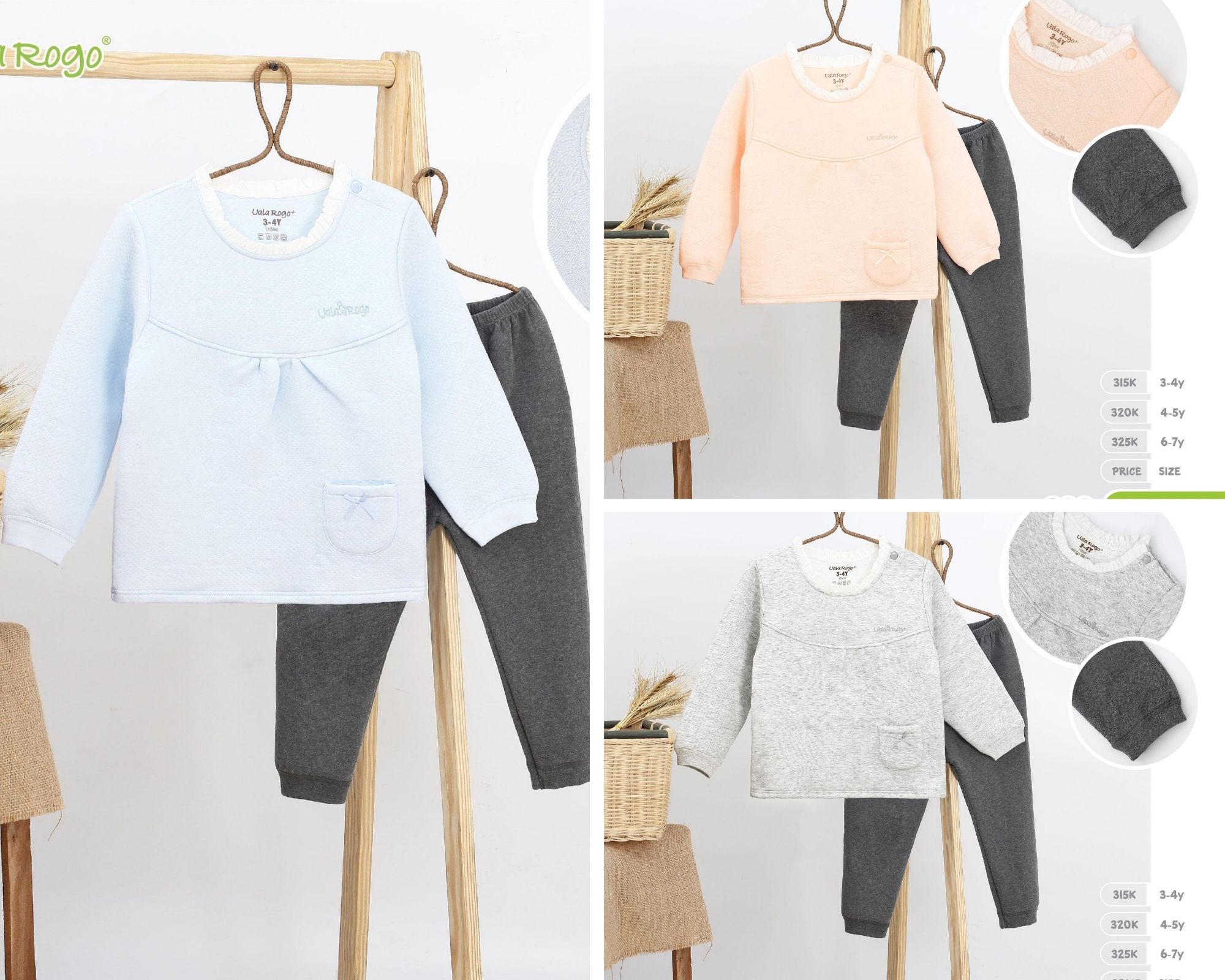 [Rẻ vô đich] Bộ quần áo dài tay trần bông trơn bé gái Uala Rogo