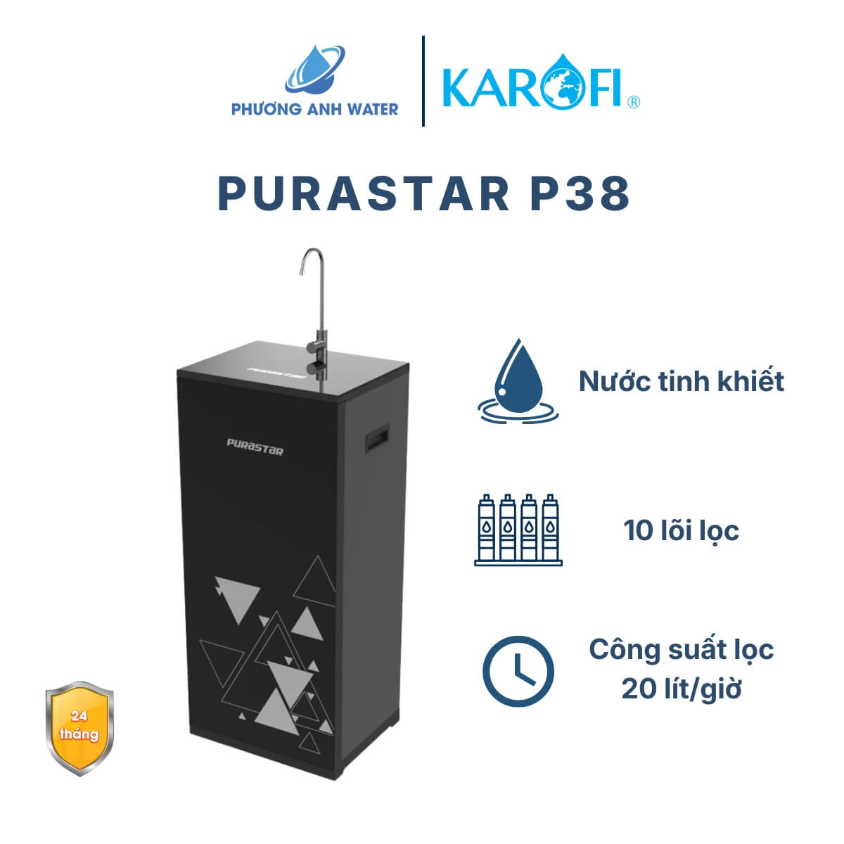 Máy lọc nước RO Karofi Purastar P38 tủ đứng giá rẻ, 10 lõi lọc, công suất lọc 20 lít/giờ, bảo hành 24 tháng