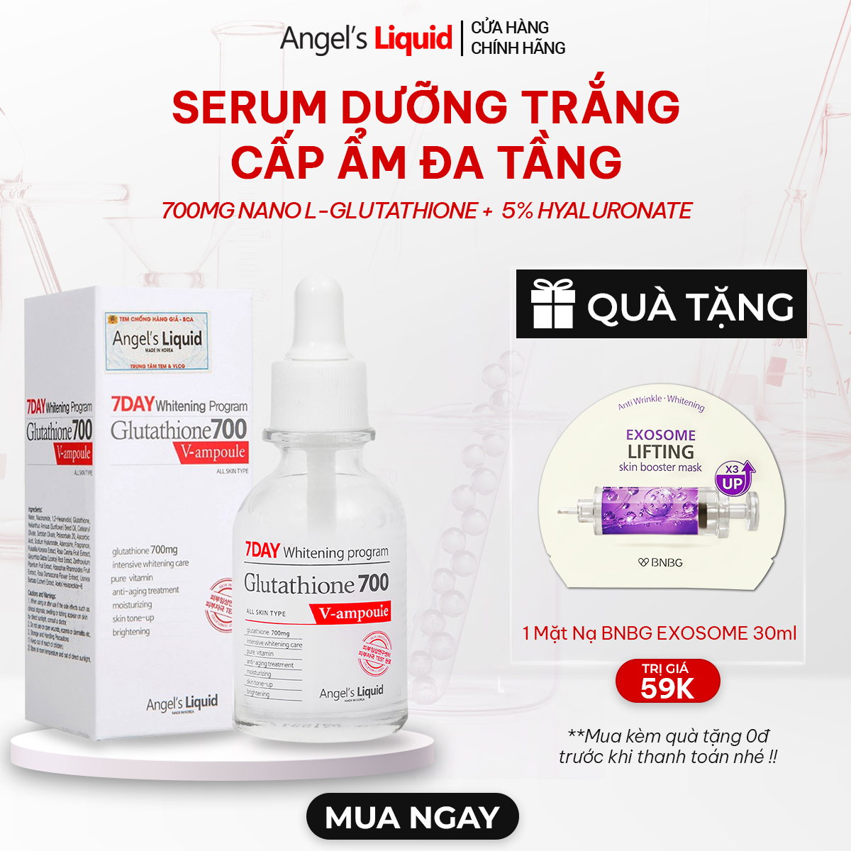 Serum Dưỡng Trắng Da, Cấp Ẩm Đa Tầng Angel's Liquid Glutathione 700mg + 5% HA 7Day Whitening Program 30ml