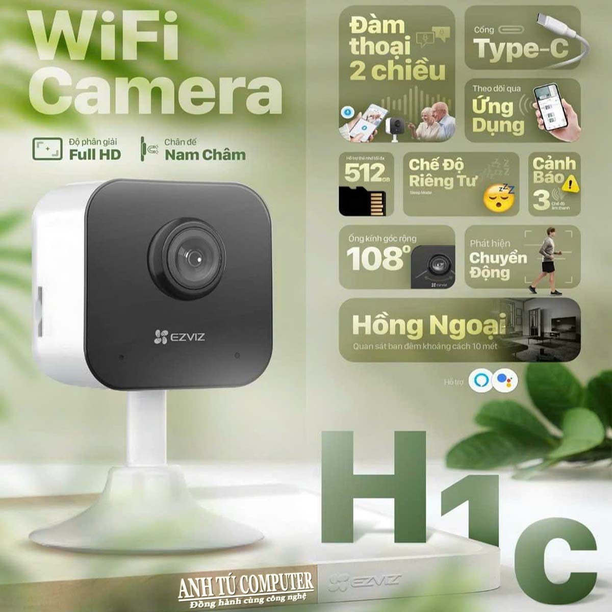 Camera ip wifi 2mp ezviz h1c hàng chính hãng