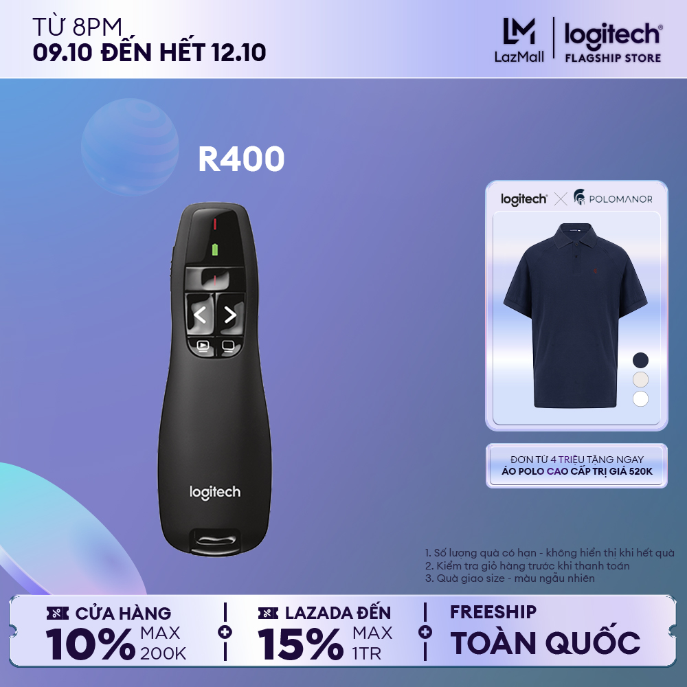 Bút trình chiếu Logitech R400 - Đèn chiếu laze đỏ, Phạm vi 15m, Cắm là sử dụng ngay, Đầu thu không dây mini, Laze loại 2, Không dây 2.4Ghz