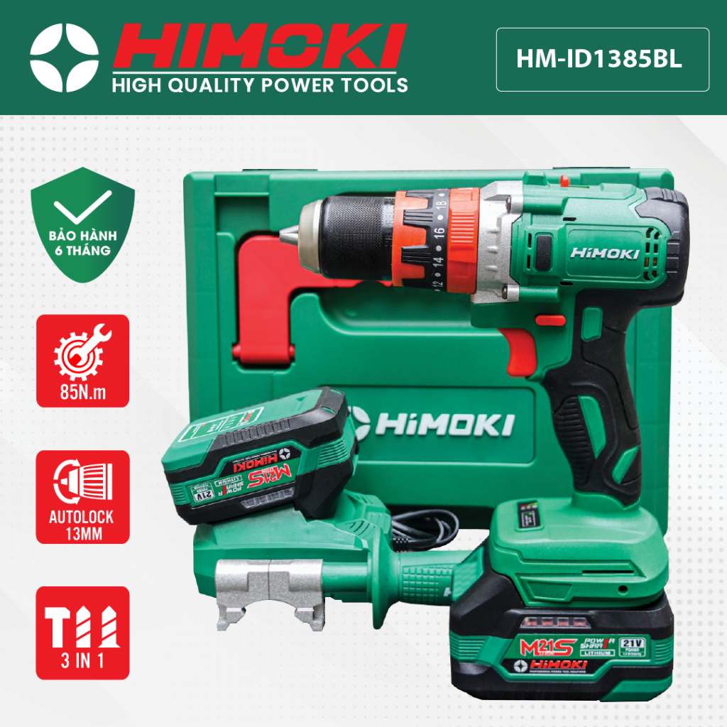 Khoan pin 3 chức năng HIMOKI HM-ID1385BL Không chổi than đầu kẹp 13mm có autolock ruột đồng 100%
