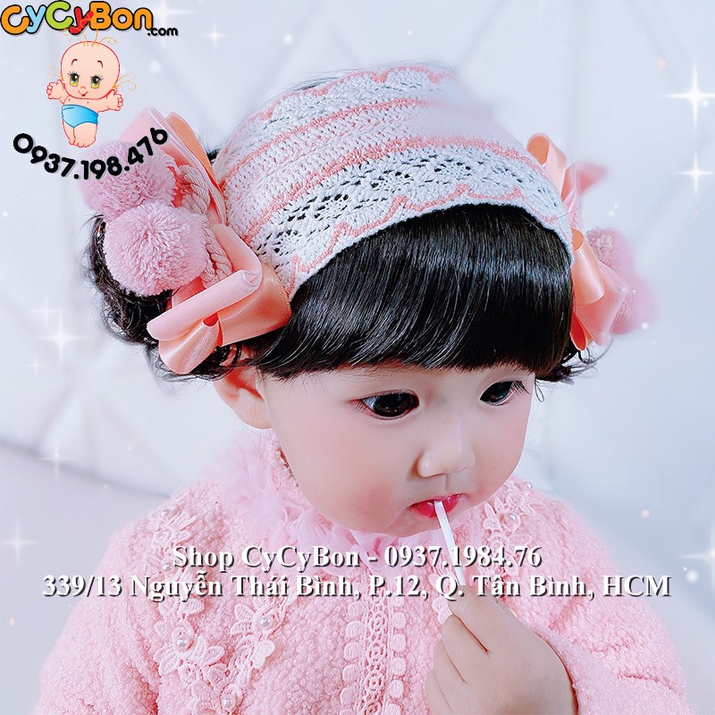 Băng Đô Cho Bé Gái Tóc Giả 2 Quả Bông Cam-Kèm Tóc Mái Ngố - Siêu iu !