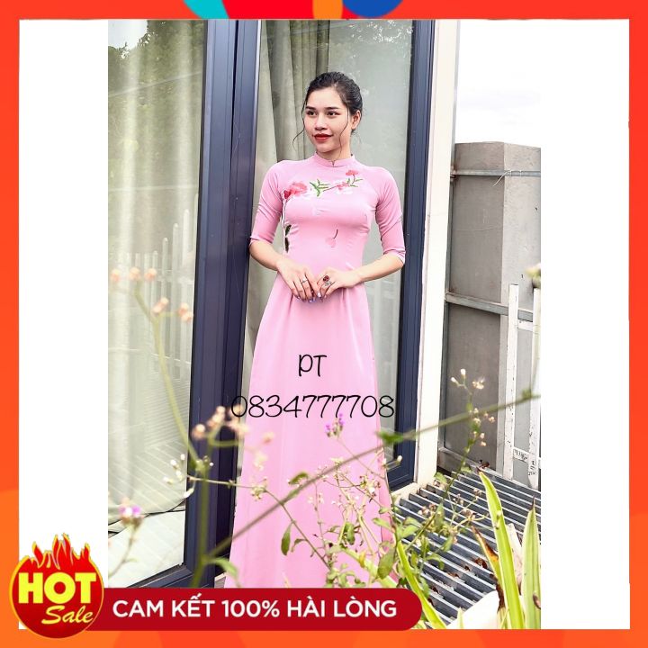Áo dài  lụa tây thi thêu lắc tay cao cấp (Mẫu hồng phấn dây leo ngực), Áo dài truyền thống, Áo dài cao cấp đẹp, bền, Áo dài trẻ trung