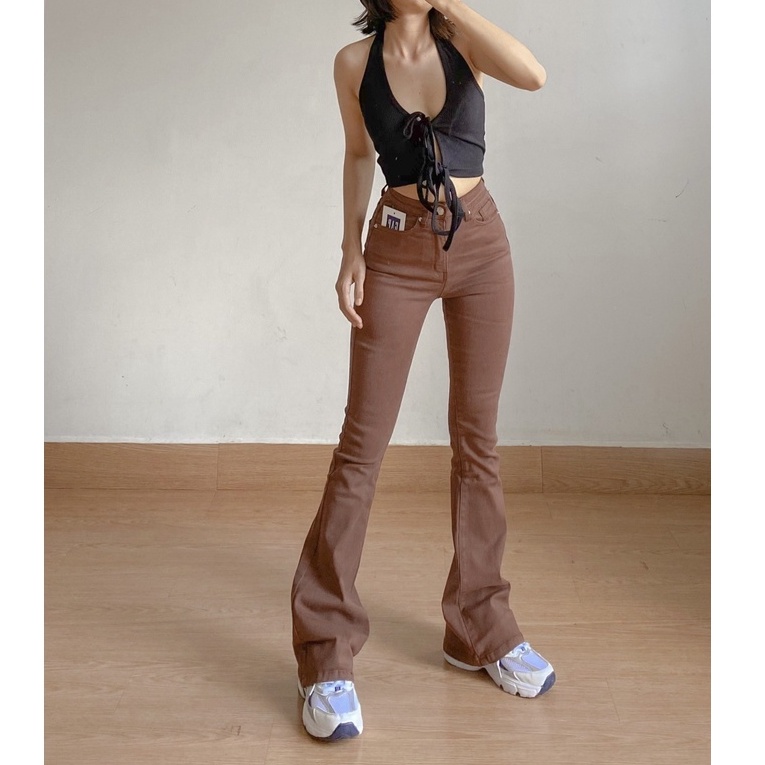 Quần jean ống loe màu nâu dài 100cm sofmwear