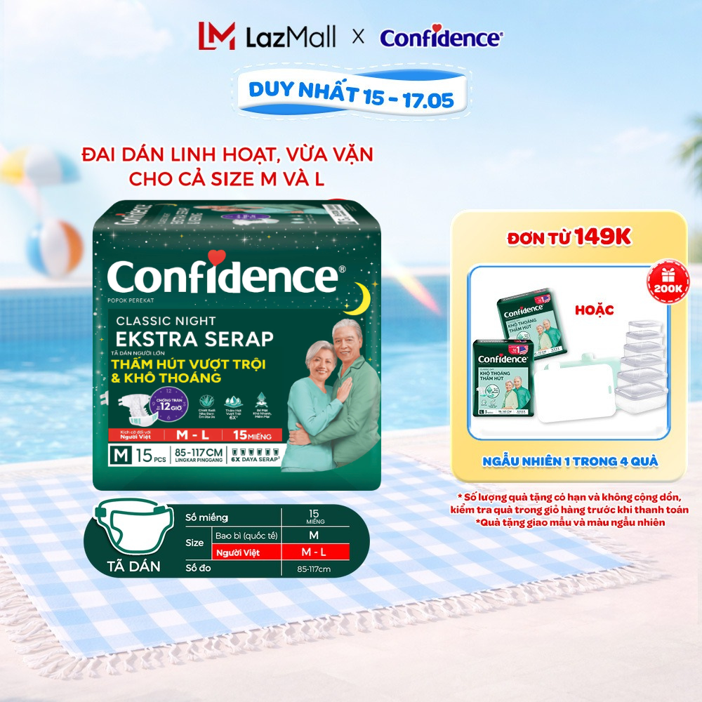 Tã dán ngưới lớn Confidence Thấm Hút Vượt Trội  Khô Thoáng M L-15/L XL-16
