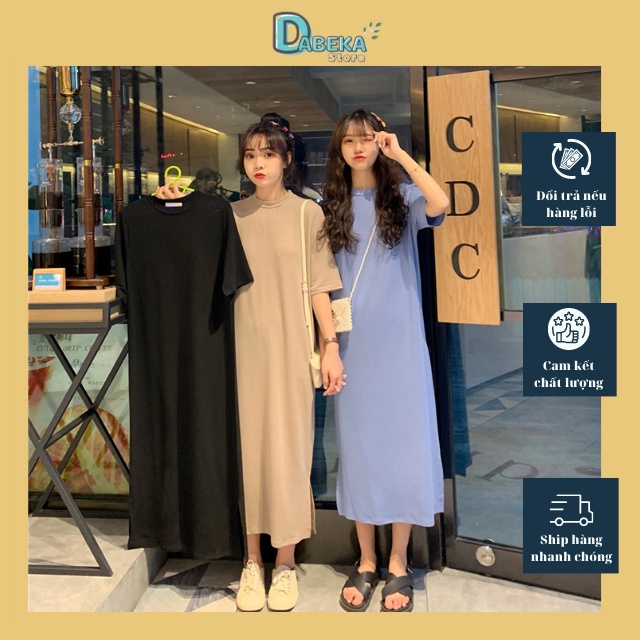 Váy thun suông dáng dài màu trơn cổ tròn ulzzang - đầm xuông nữ form rộng tay lỡ thoáng mát năng động - dabeka - v002