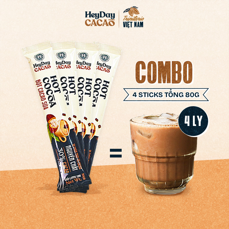 [Tổng 80g] Bột Cacao Sữa Heyday KHÔNG Cholesterone - Combo 4 Gói Tiện Lợi 20g - Vị Chân Thật Của Cacao Sữa - Đậm vị socola nguyên bản - Không dùng hương liệu - Heyday Cacao