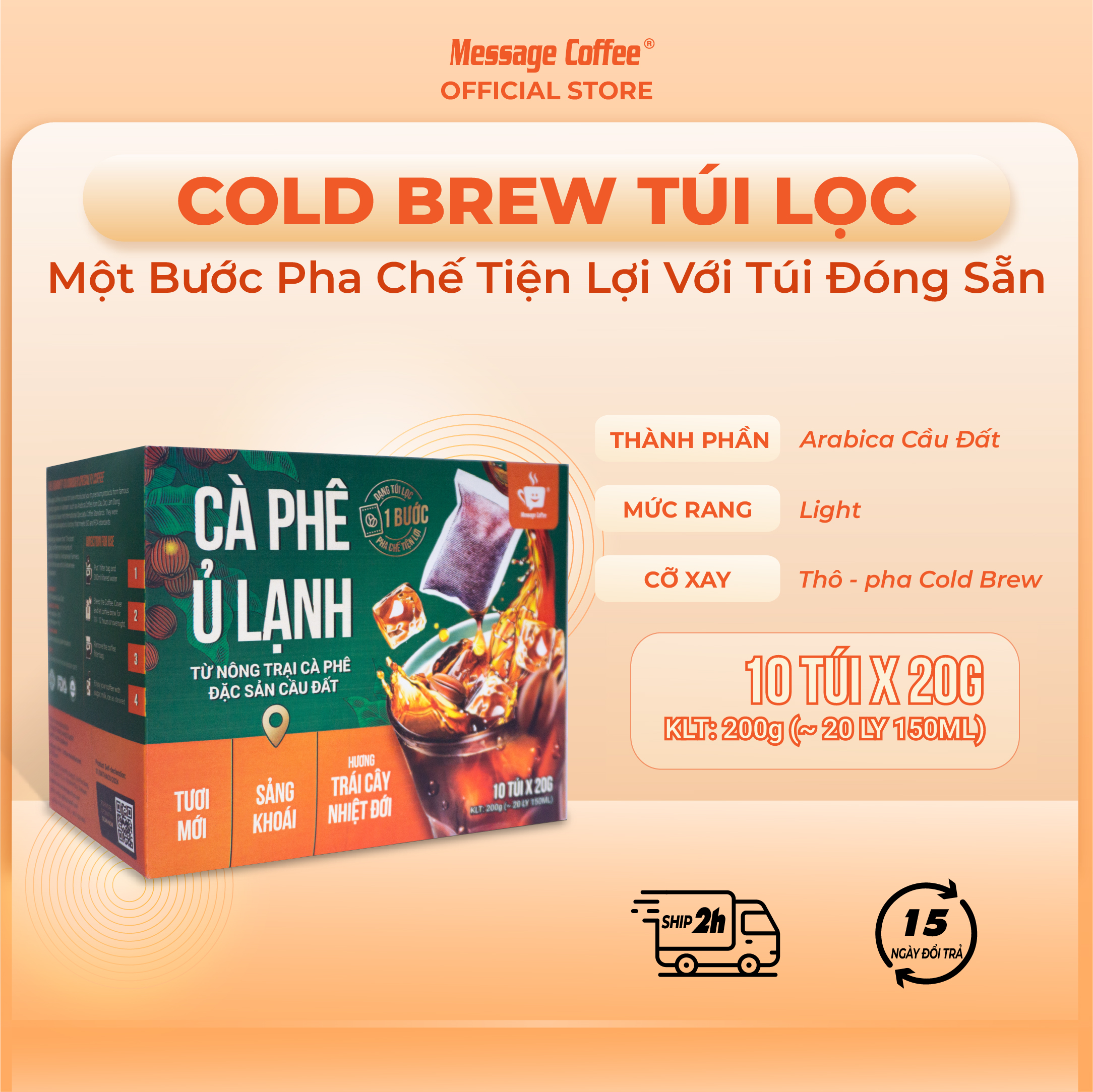 Cà phê Cold Brew túi lọc Arabica Cầu Đất tiện lợi cho người bận rộn từ Message Coffee hộp 10 túi x 20gr