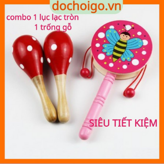 Combo Đồ chơi gỗ, 1 Lục lạc gỗ và 1 trống gỗ cho bé Dochoigovn
