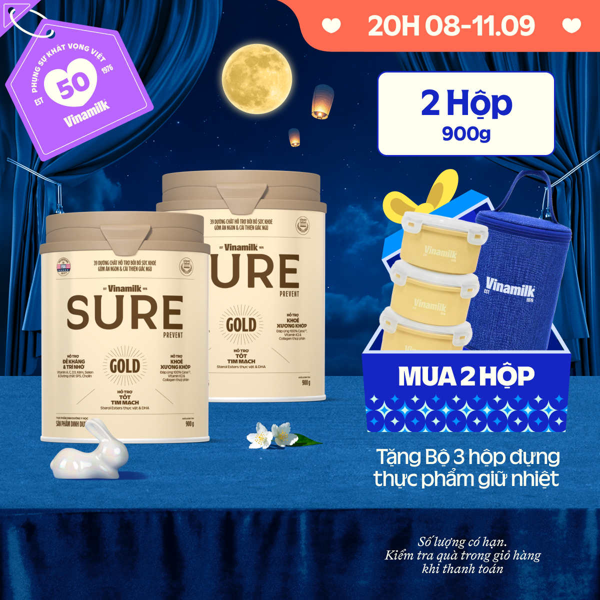 Combo 2 lon Sữa bột cho người lớn tuổi Vinamilk Sure Prevent 900g (Hộp thiếc)|