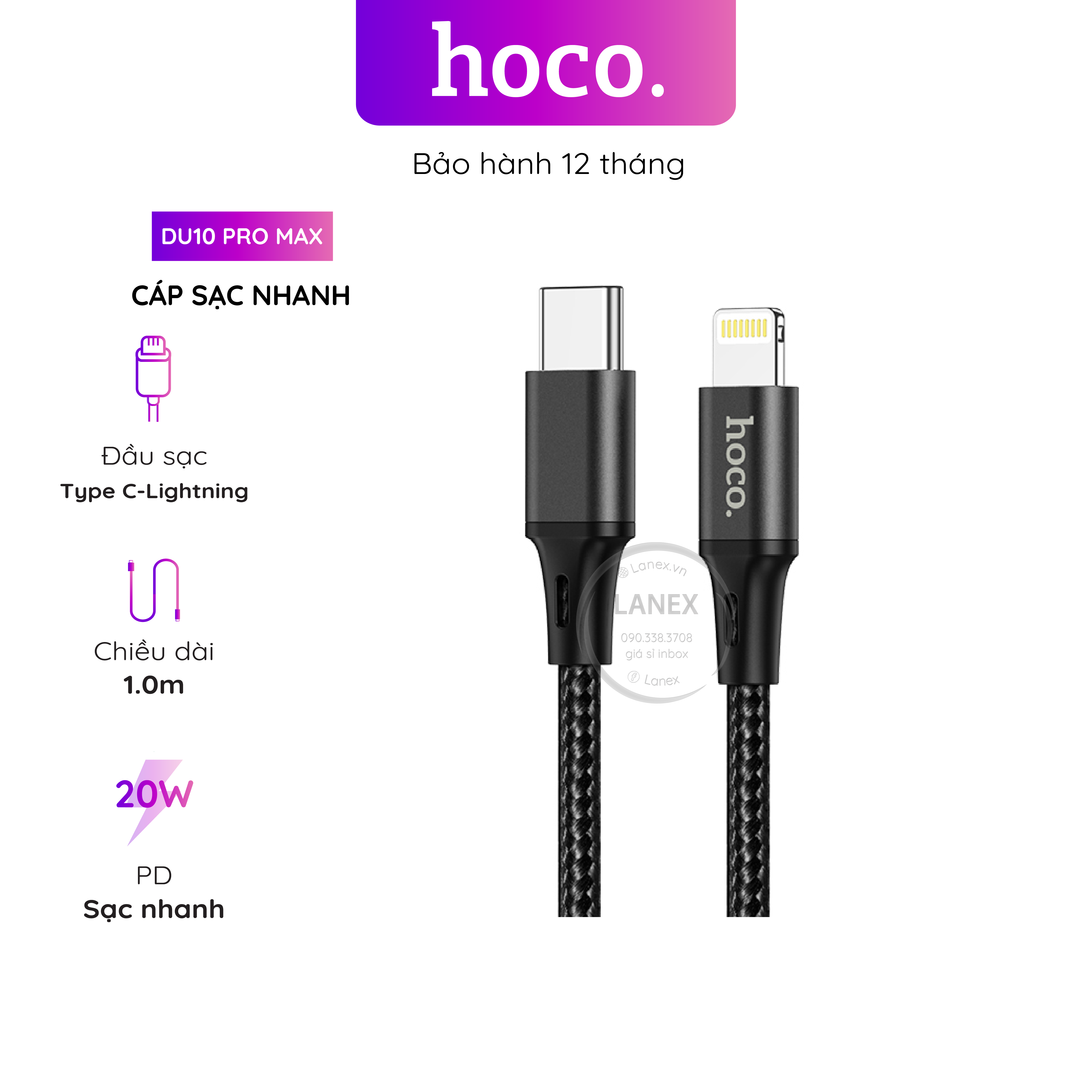 Cáp sạc nhanh hoco du10 pro max dây dù type c to lightning pd qc3.0 20w dài 1.0m