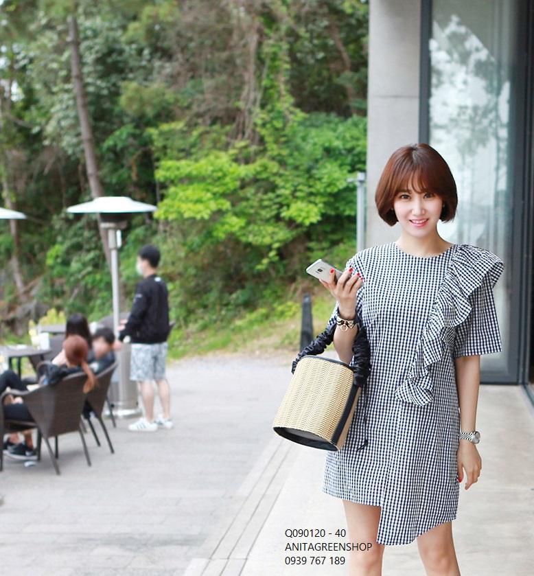 Q090120 đầm suông caro nhún bèo