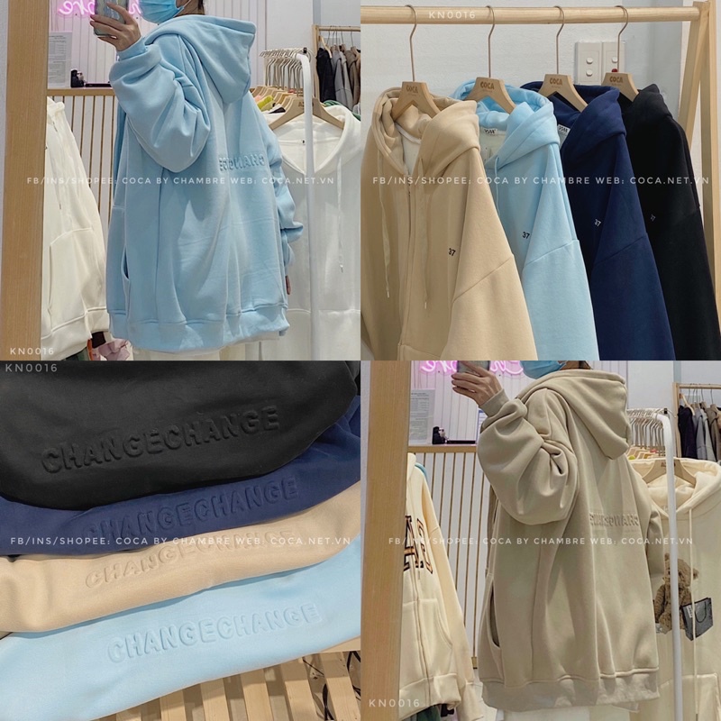 Áo khoác hoodie zip nỉ lót lông dày in dập nổi 37 change