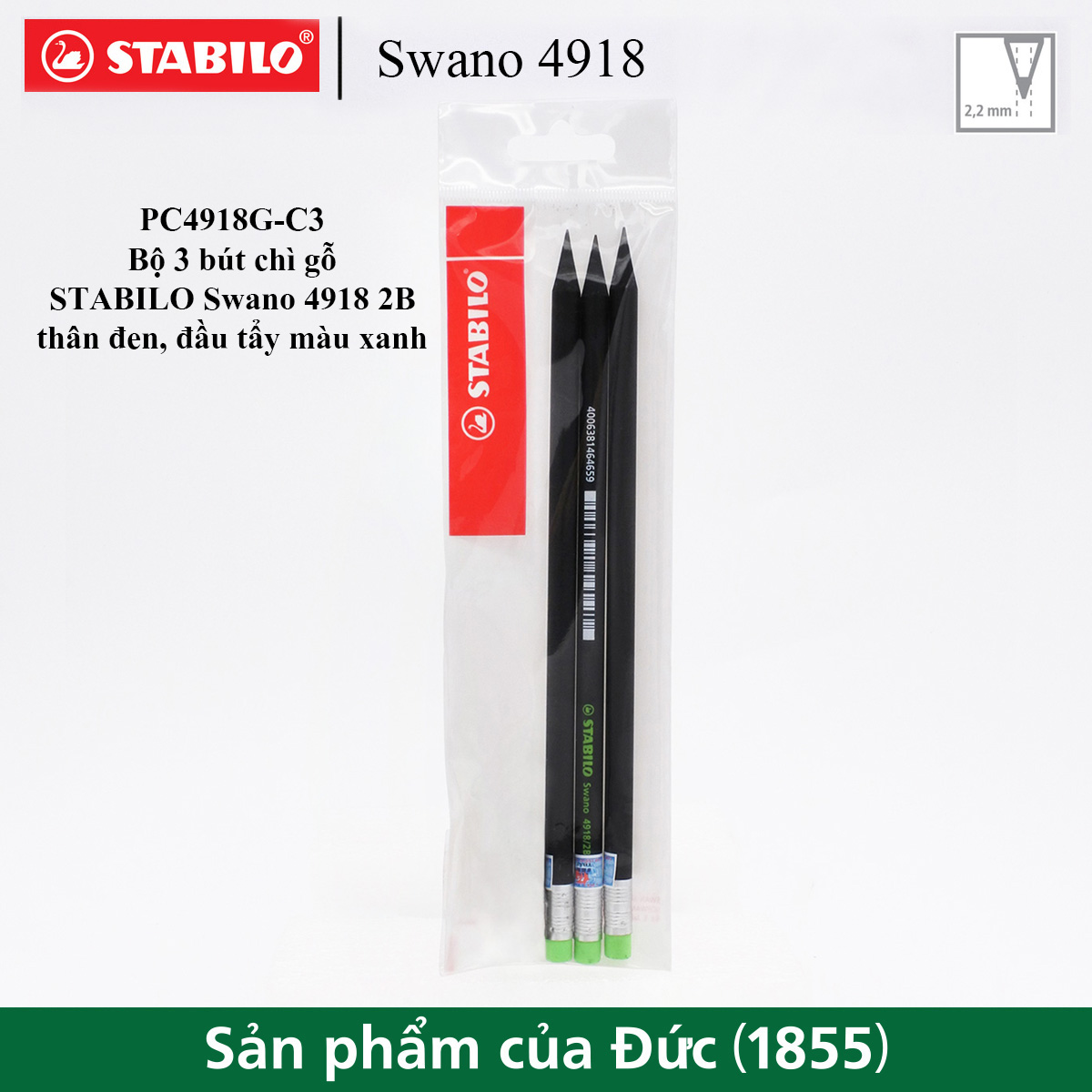 Bộ 3 bút chì gỗ stabilo swano 2b thân đen 4918