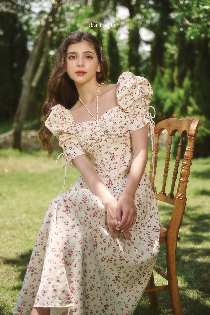 Đầm hoa dáng dài tay phồng vải linen cerise dress - darling.ism