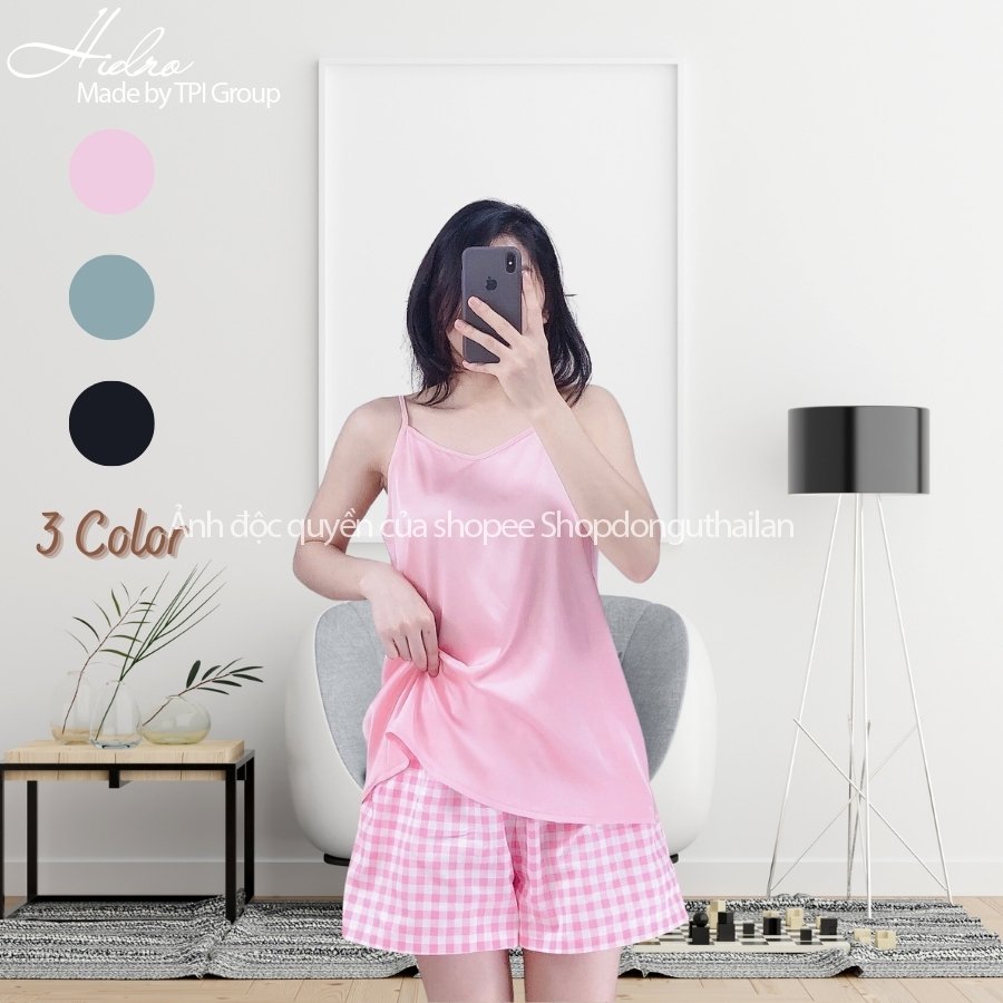Bộ hai dây lụa satin mix quần kẻ caro chất đẹp