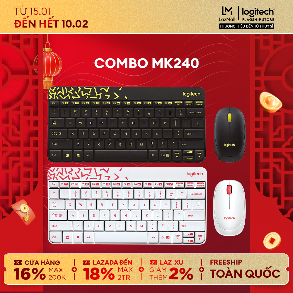  Combo chuột phím không dây Logitech MK240 - nhỏ gọn 1 đầu thu USB không dây 10m pin lâu vượt trội 