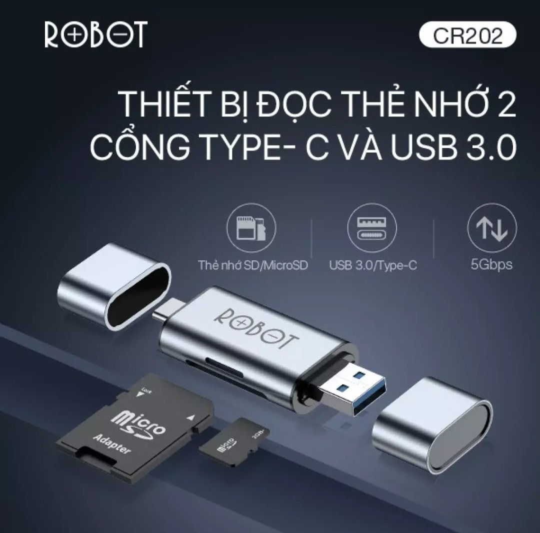 Thiết bị đọc thẻ nhớ sd/ microsd robot cr202 - 2 đầu type-c và usb 3.0 -