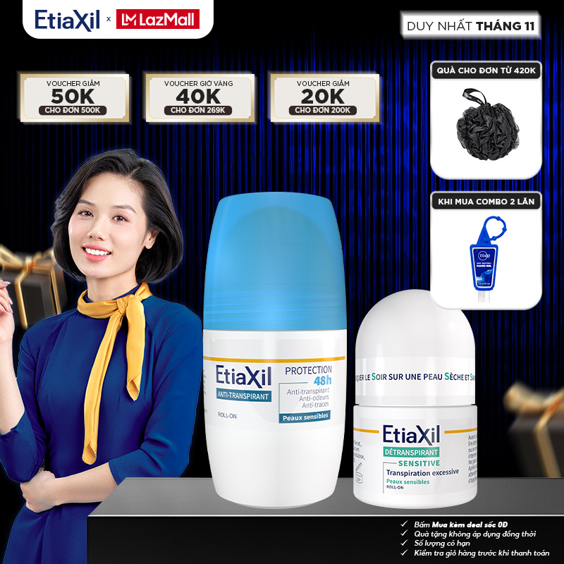 Combo Lăn khử mùi Etiaxil bảo vệ kép 50ml và Lăn Khử Mùi Ngăn Mồ Hôi Etiaxil 15ml
