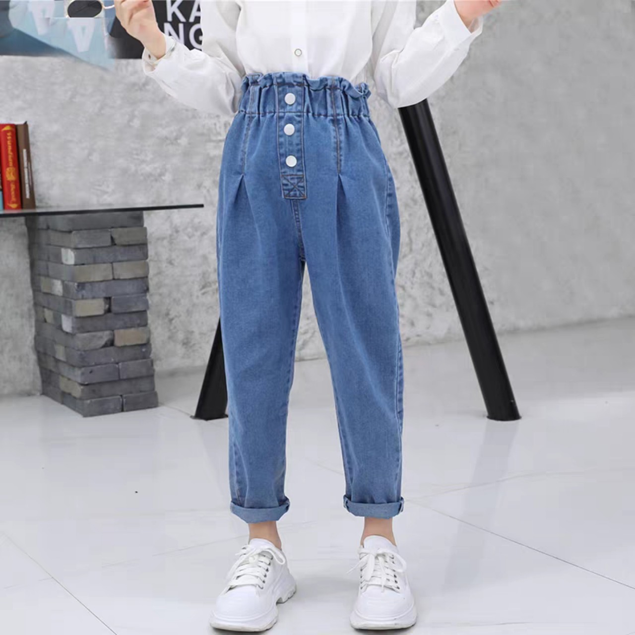 Quần jeans dài bé gái, Quần bò dài bé gái vải jean mềm co dãn 20-45kg