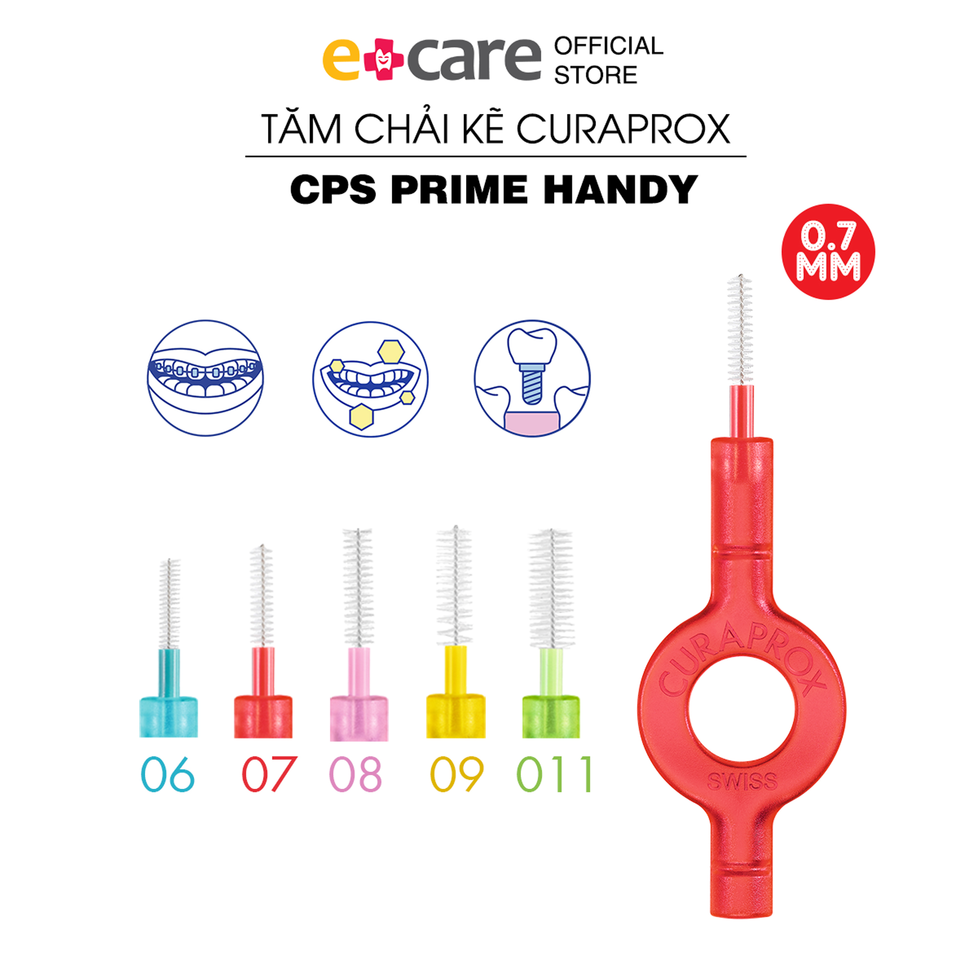 Bộ 5 tăm kẽ răng curaprox cps prime handy 0.7mm màu đỏ