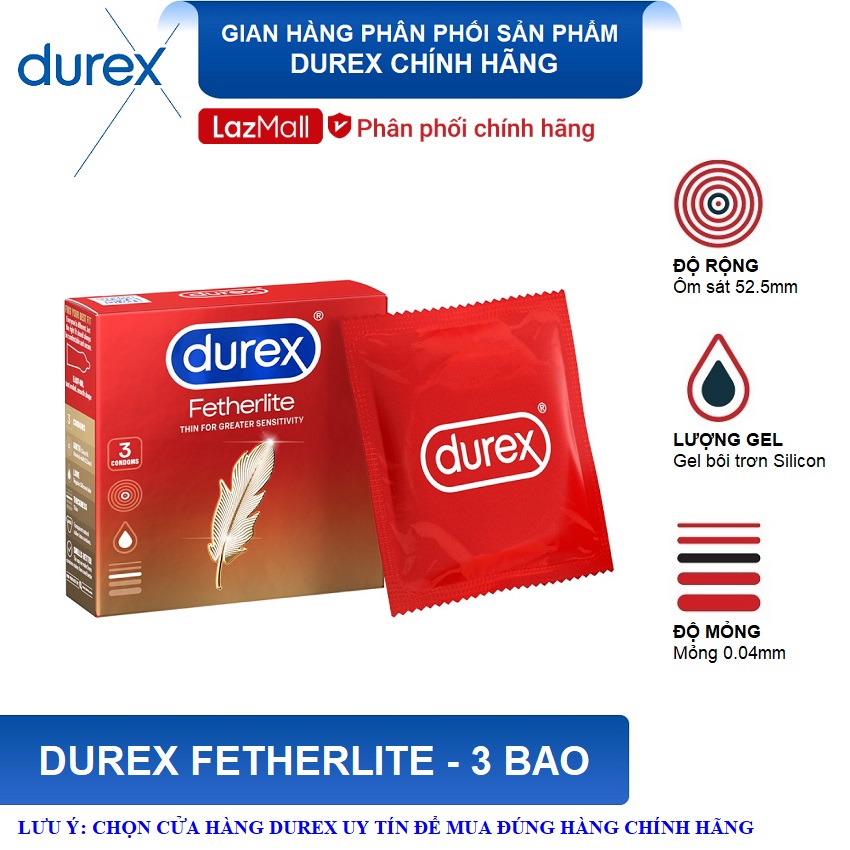 Bao cao su Durex Fetherlite 3 bao - Siêu mỏng , size 52.5mm cỡ vừa
