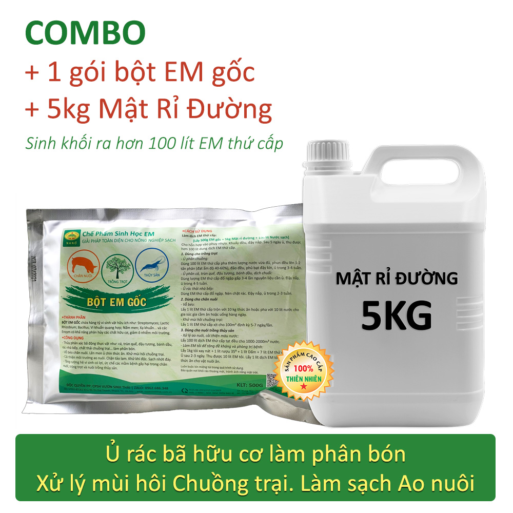 COMBO 1 gói Chế Phẩm EM gốc và 5kg Mật Rỉ Đường chất lượng cao. Lên men vi sinh. Ủ rác bã hữu cơ làm phân bón. Khử mùi hôi chăn nuôi. Xử lý làm sạch ao nuôi Cá, Tôm