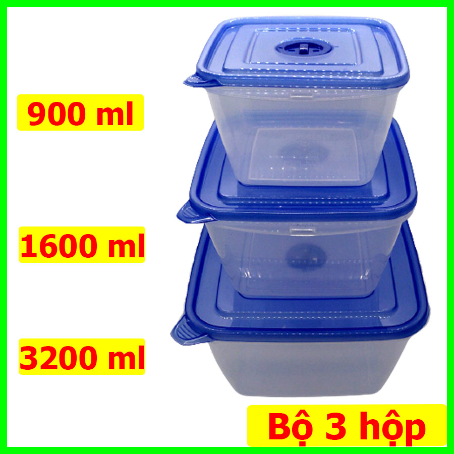 Bộ 3 hộp nhựa đựng thực phẩm vuông có nắp đậy, dung tích lớn 900ml, 1600ml, 3200ml, cao cấp nhựa trong suốt- màu ngẫu nhiên