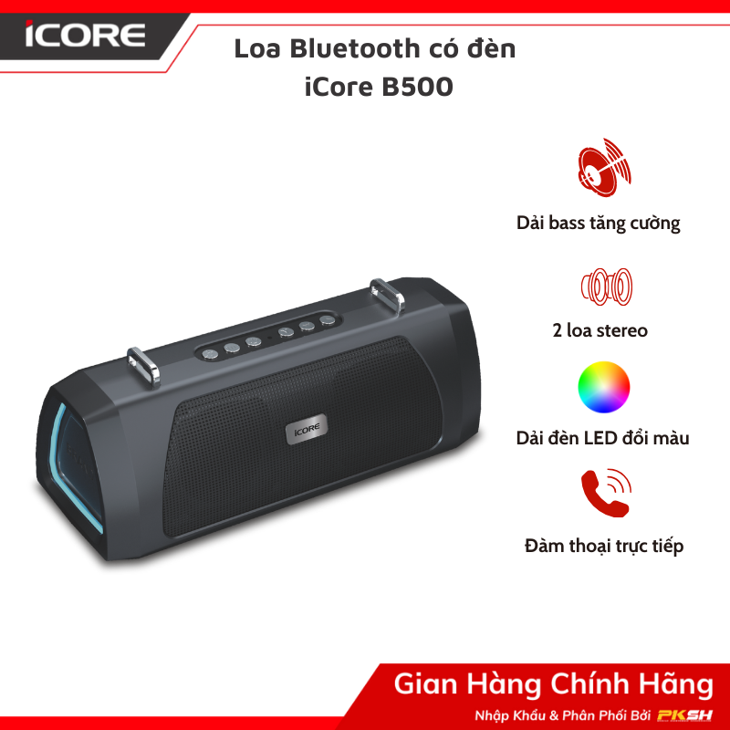 Loa nghe nhạc Bluetooth có đèn iCore B500 - Loa bluetooth bass mạnh - Công suất 20W - Bảo hành 12 tháng - Hàng Chính Hãng