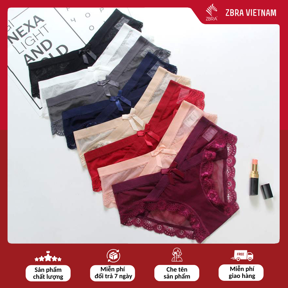 Quần lót ren lưới Combo 5 Quần chip cạp viền chéo đính nơ, ren lưới mềm sexy siêu quyến rũ - ZQ5779