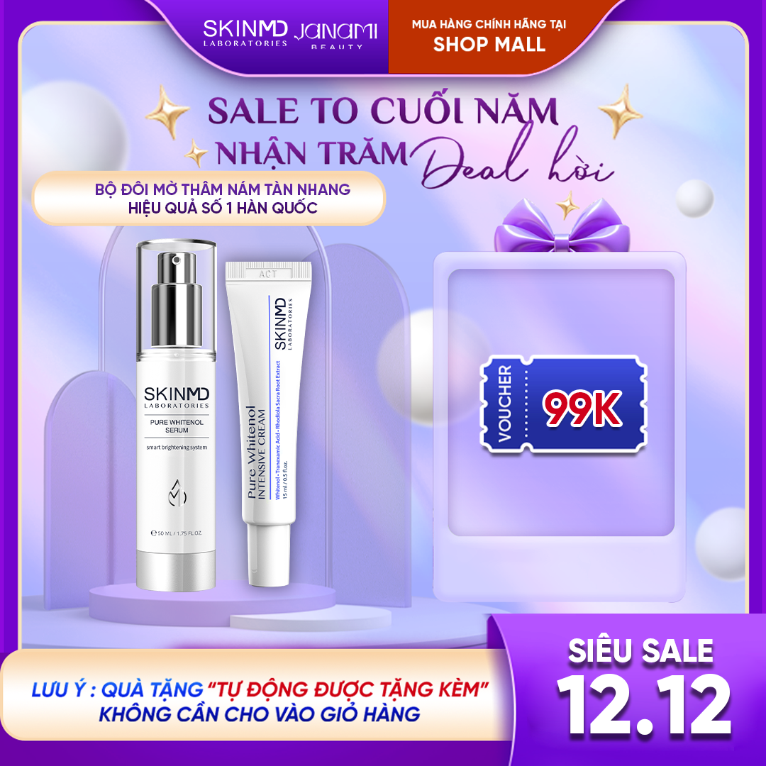 Bộ đôi xóa mờ nám sạm, phục hồi làn da giãn mao mạch và dưỡng da sáng đều màu Skinmd Pure Whitenol Serum và Cream Intensive