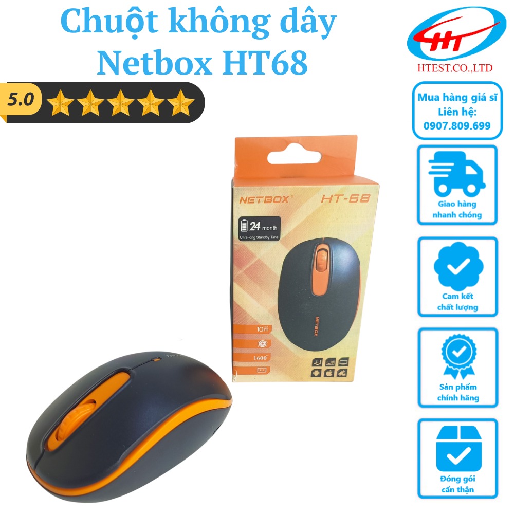 (Tặng kèm pin)Chuột không dây NETBOX HT68 (CAM ĐEN) 1600dpi siêu nhạy, tiết kiệm pin – Hàng chính hãng - SP000399