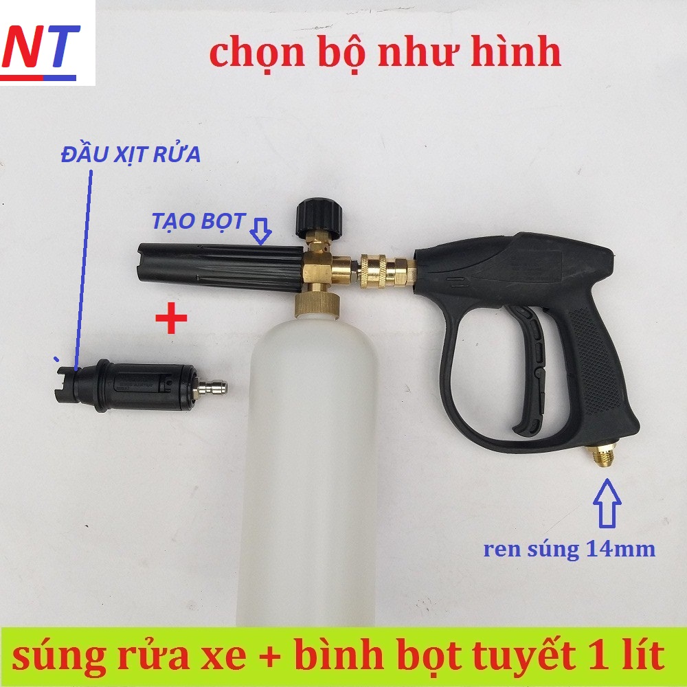 Combo bộ vòi xịt rửa xe áp lực cao và bình phun tạo bọt tuyết cao áp tay xịt ren ngoài 14mm và bình 1 lít