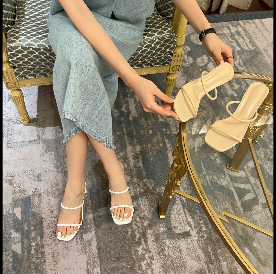 Giày/ Guốc cao gót thời trang nữ, 2 day tròn, mảnh/ Gót kiểu trụ ngang, gót 9 cm