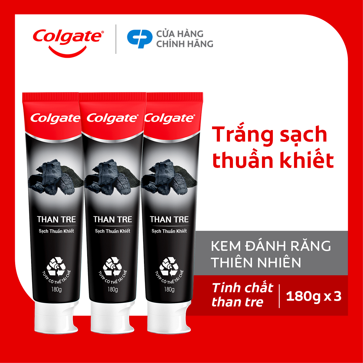 Bộ 3 Kem đánh răng Colgate thiên nhiên khử mùi diệt khuẩn từ Than tre Hàn Quốc & bạc hà 180g/ tuýp