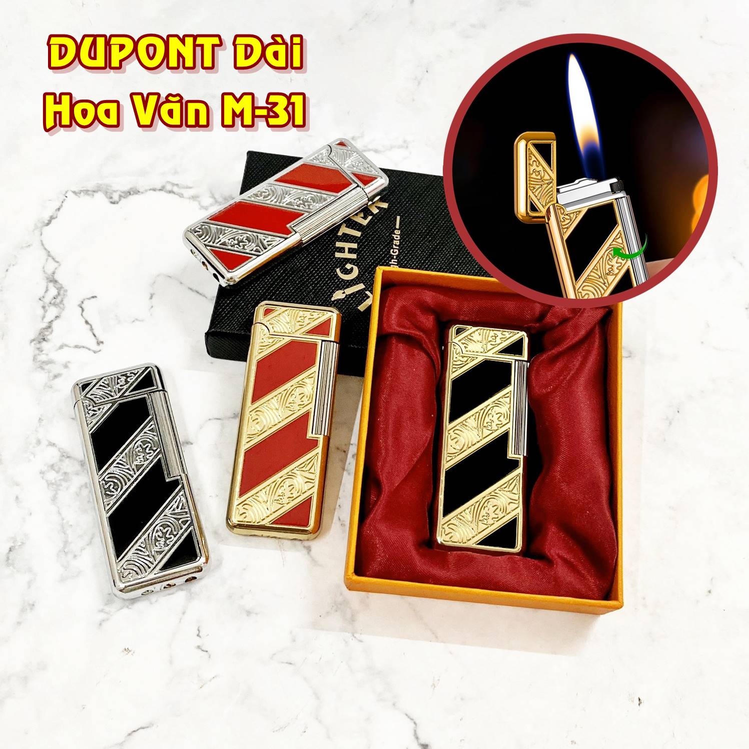 Bật lửa dupont m-31 dài hoa văn xài gas - có hộp