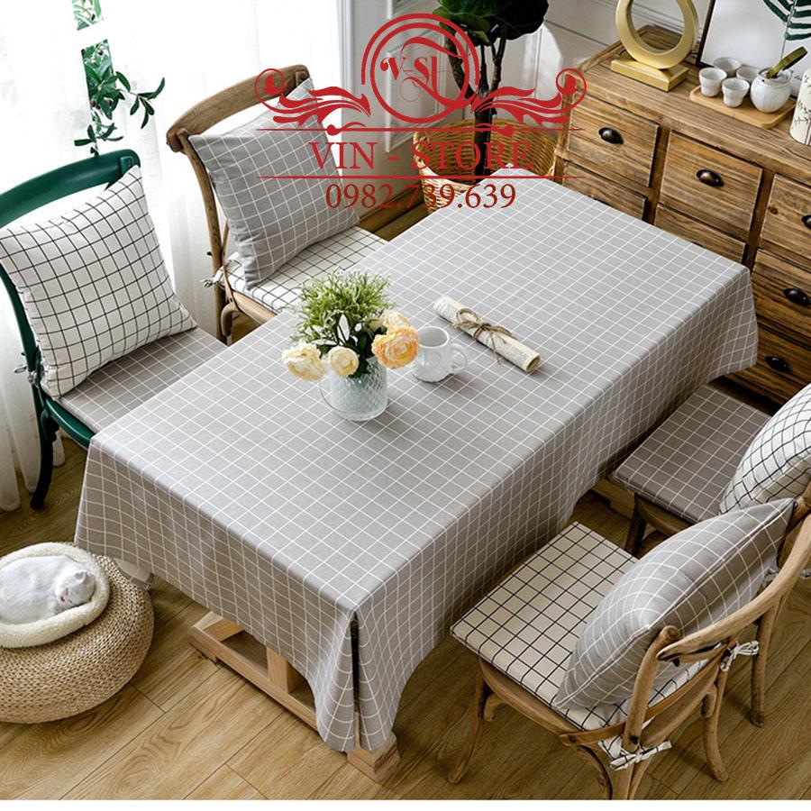 Khăn trải bàn vải bố canvas 5 KÍCH THƯỚC sọc caro kẻ xám trắng grey white table cloth vintage KB006 TRANGTRIDECOR