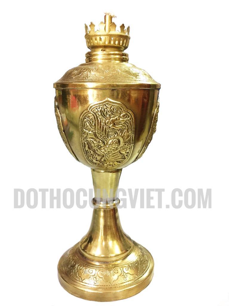 đèn dầu thờ cúng bằng đồng chạm tứ linh