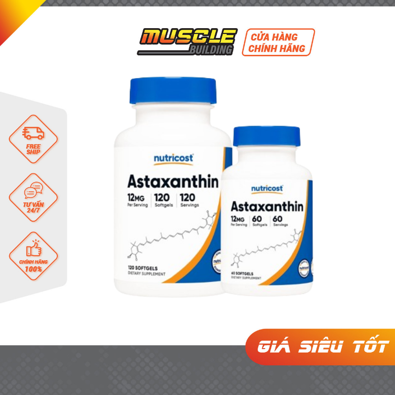 Viên uống Nutricost Astaxanthin 12mg - Giúp đẹp da, ngừa lão hóa, bảo vê thị lực, tim mạch