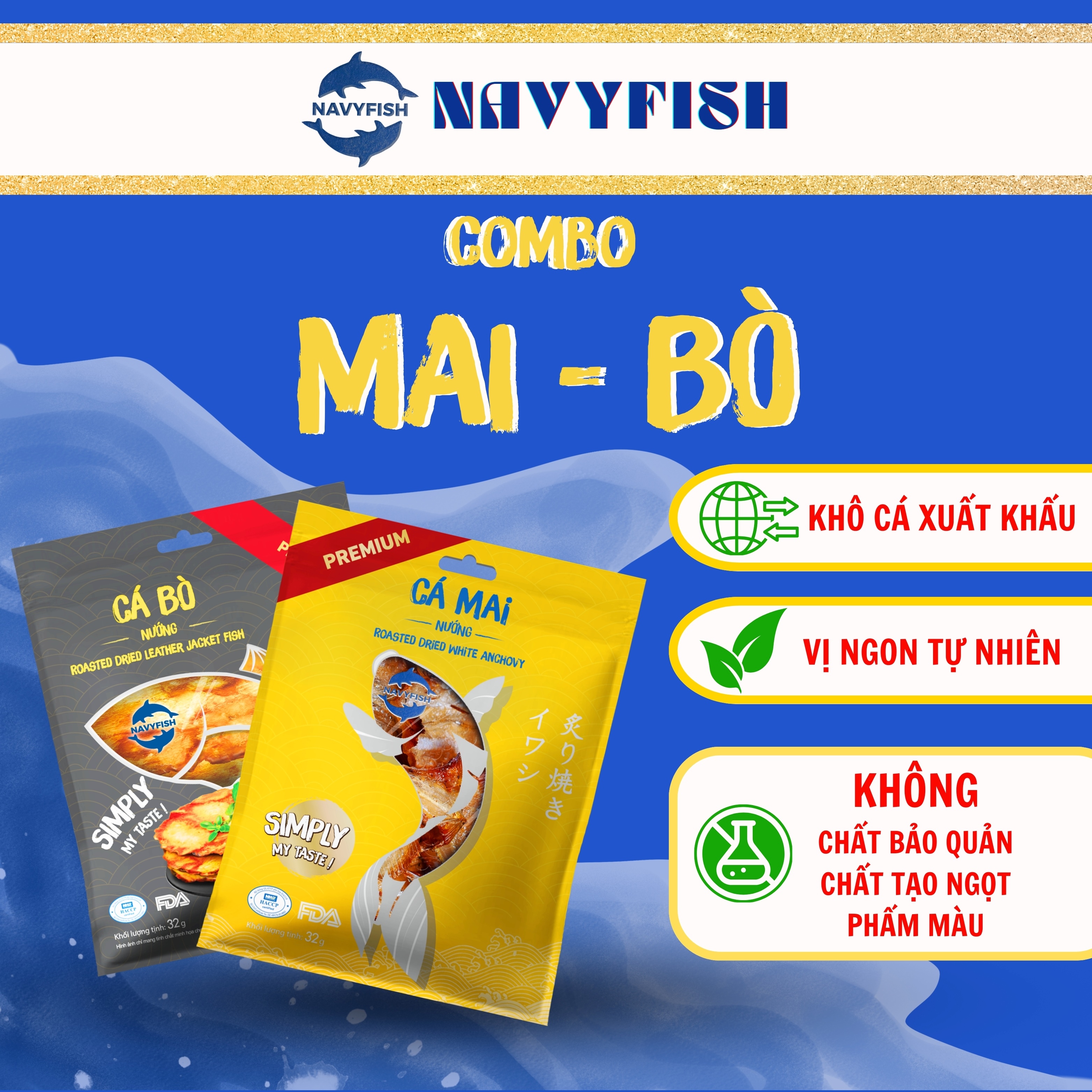 Navyfish combo 2 gói khô cá mai & khô cá bò loại 1 nướng ớt tẩm vị ăn liền - ăn vặt, mồi nhậu, ăn với cơm