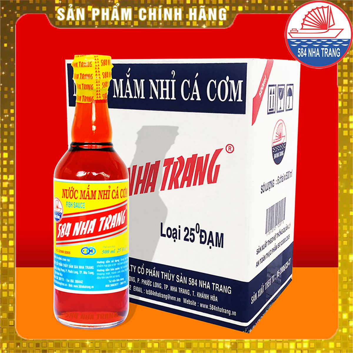 Thùng 6 chai Nước Mắm Truyền Thống Cao Cấp 584 Nha Trang, 25 Độ Đạm, Chai PET 500ml, Date luôn mới