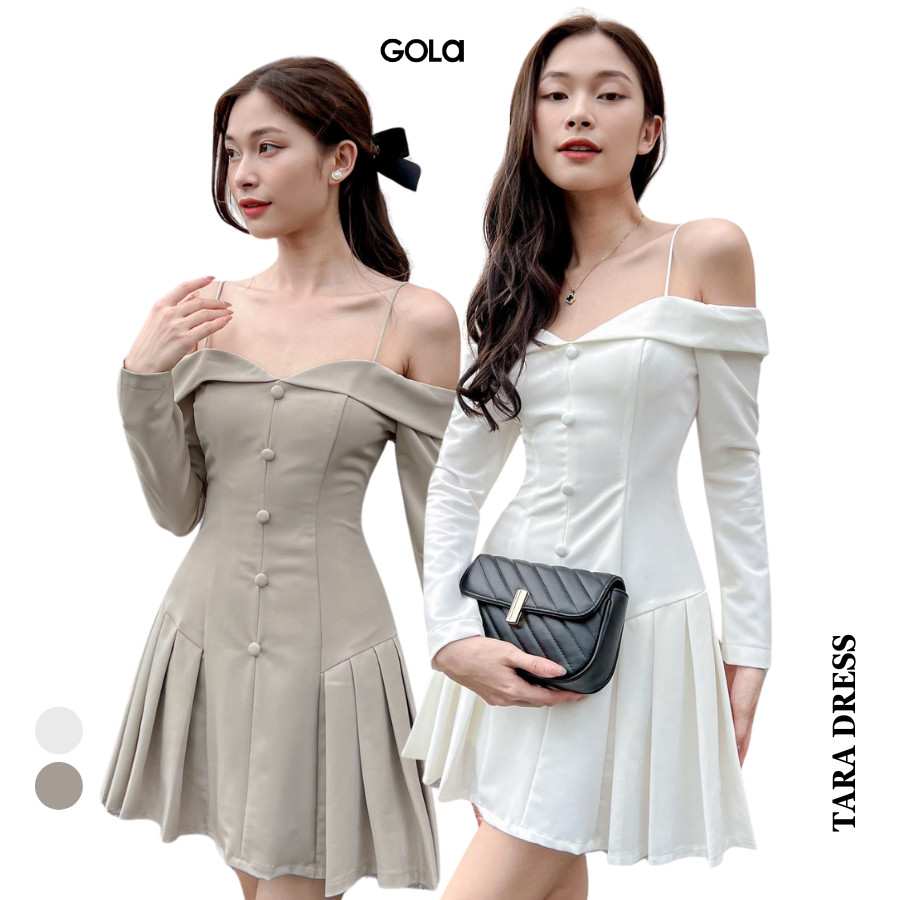 Đầm tara - đầm tay dài trễ vai tùng xếp ly