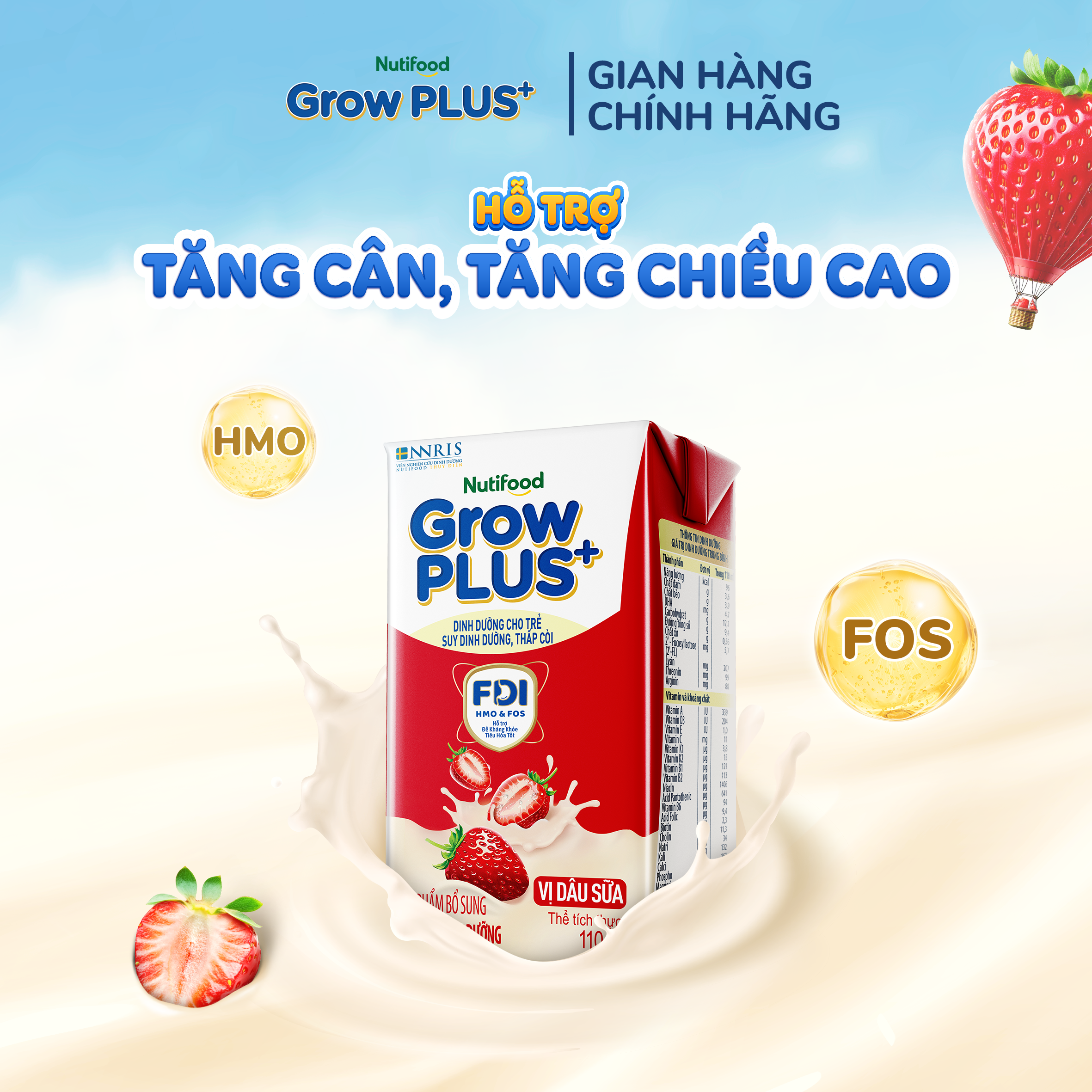 Thùng 24 hộp Sữa bột pha sẵn Nutifood GrowPLUS+ Vị Dâu Sữa hộp 110ml - Hỗ trợ phát triển cân nặng - (24 hộp x 110ml)