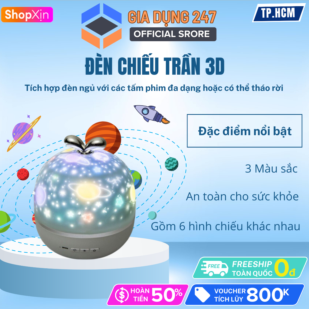Đèn ngủ cho bé, đèn chiếu ngàn sao 3D trang trí phòng ngủ, Đèn ngủ ngàn sao tự xoay thông minh tặng kèm 6 tấm phim