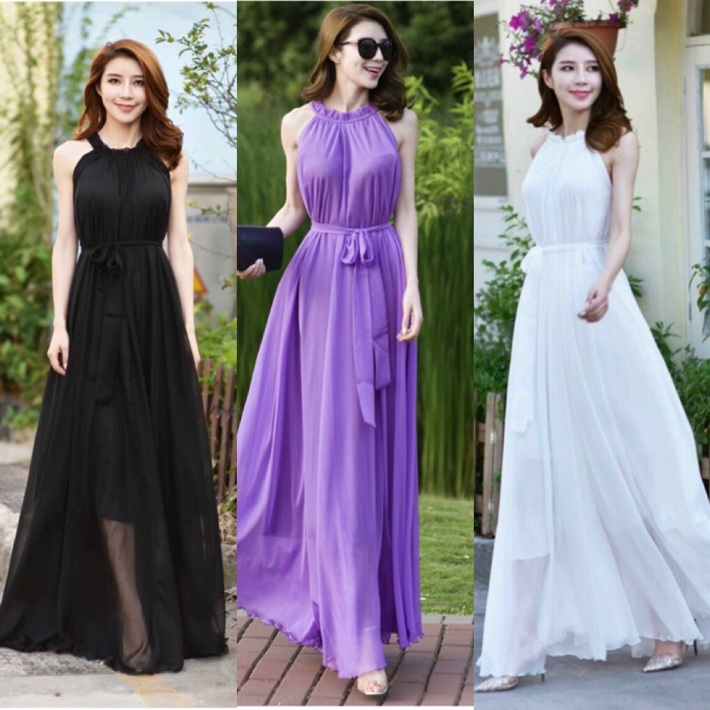 Đầm maxi đẹp, đầm maxi suông cổ yếm thắt dây eo, đầm maxi bầu