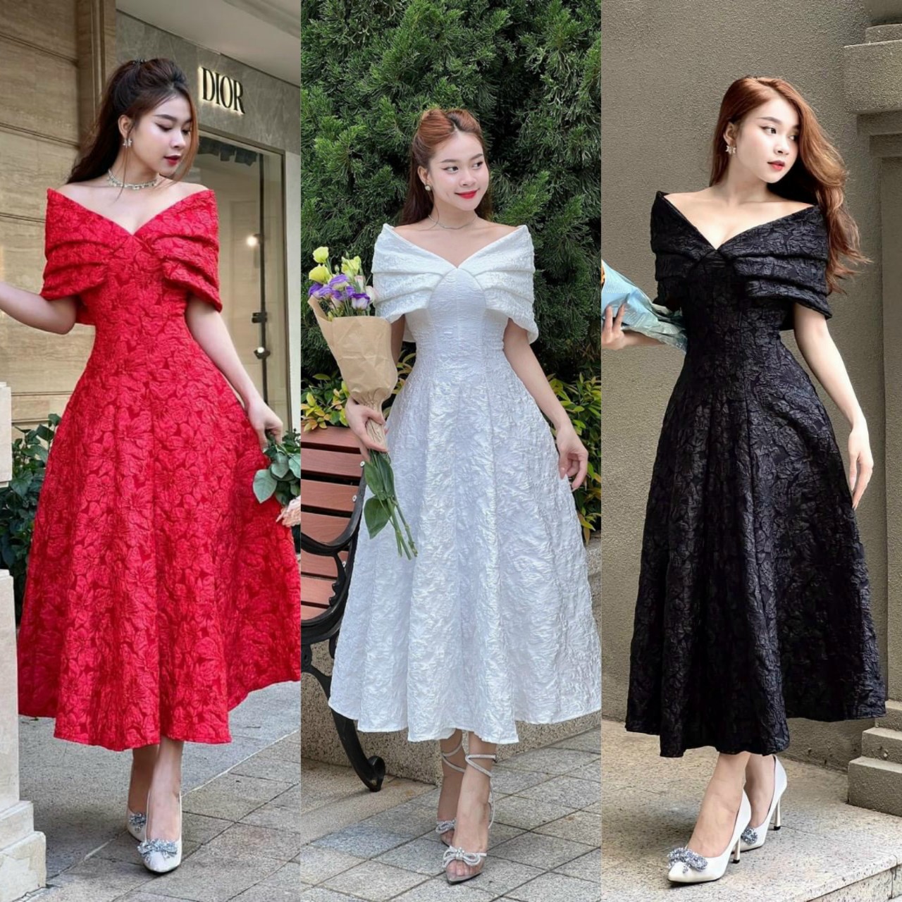 Váy đầm nữ xòe dài trễ vai dịu dàng nữ tính chất gấm hoa cao cấp