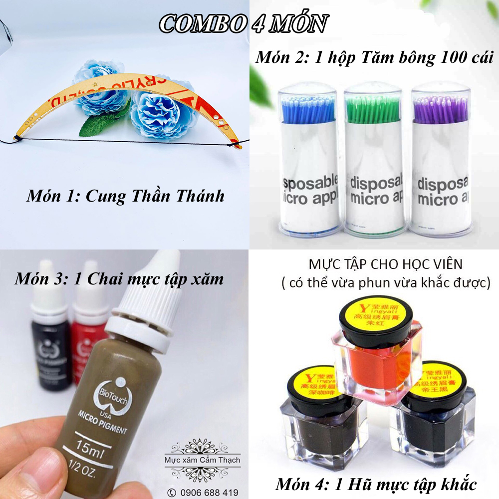 [HCM]Combo 4 món - Cung thần thánh + 1 hộp Tăm bông + 1 chai mực tập xăm + 1 hũ mực tập khắc
