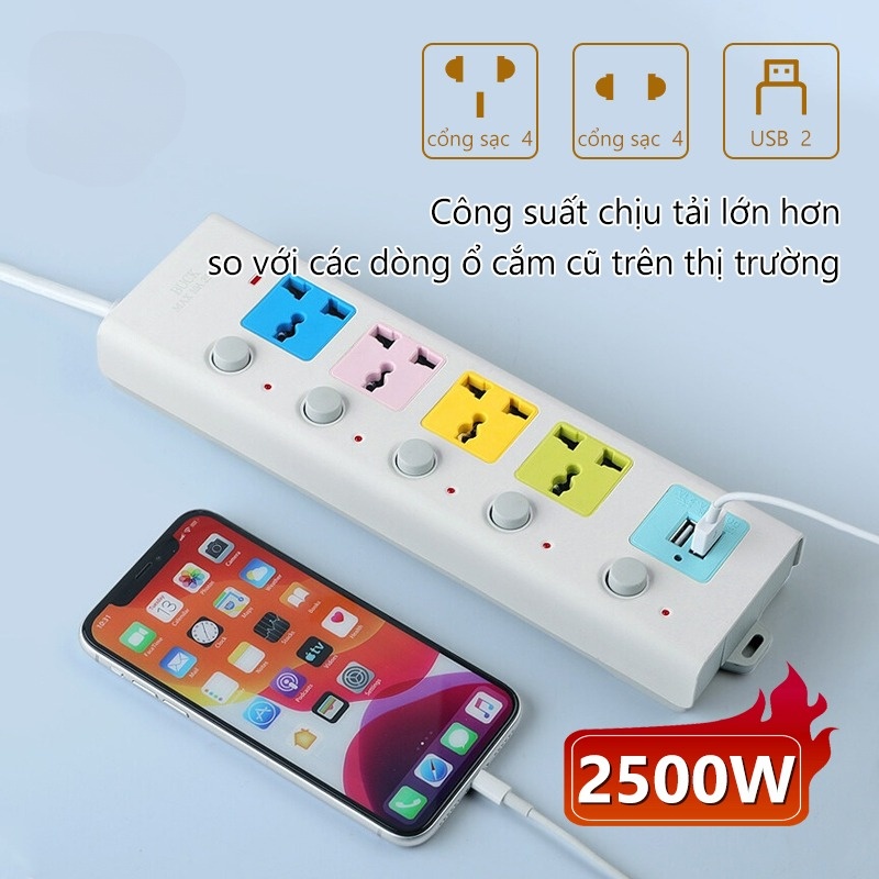 Ổ cắm điện đa năng 6 Cổng Sạc USB 2 Cáp USB 3 Và 5M Dây Cáp Dày Chất Lượng Cao 100% Chính Hãng 2023 New