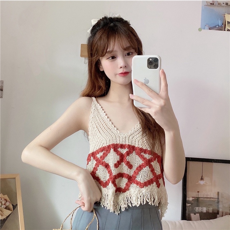 Áo 2 dây 2s len móc tua rua đi biển thêu chữ X